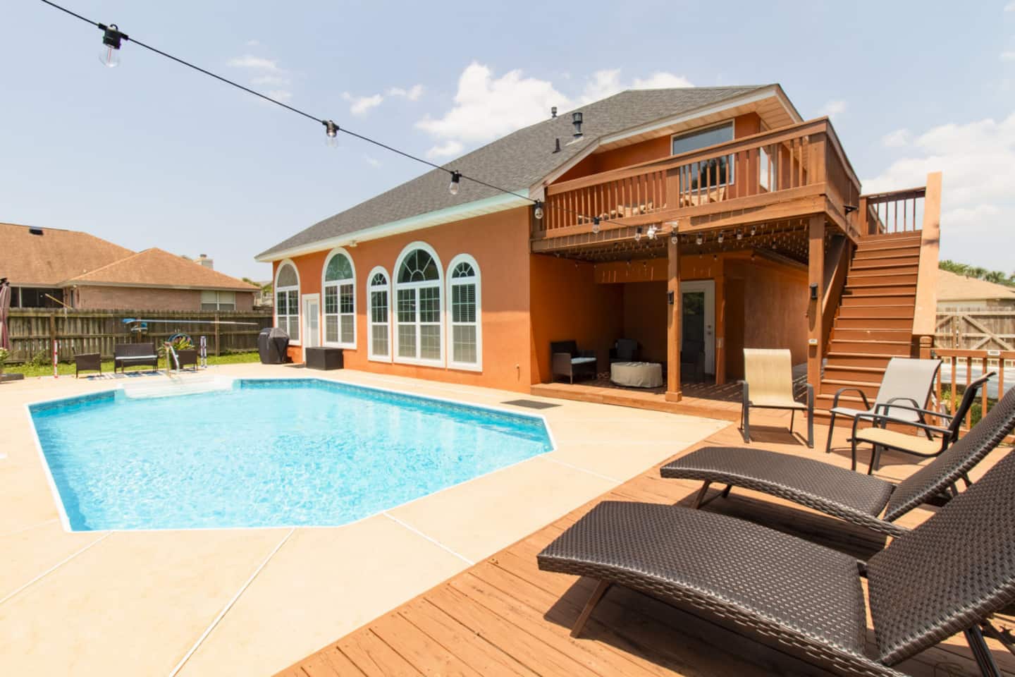 Saltwater pool and patio at the Emerald Coast pool house in Mary Esther, Florida